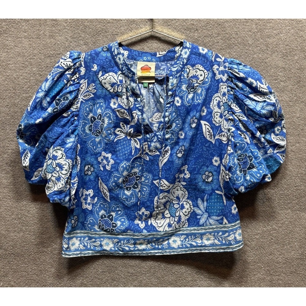 Farm Rio Floral Hippie Bohemian Puff Sleeve Cotton Crop Top Blue EUC XS Relaxed